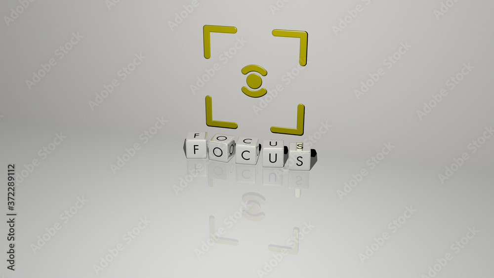 FOCUS text of cubic dice letters on the floor and 3D icon on the wall, 3D illustration for background and selective