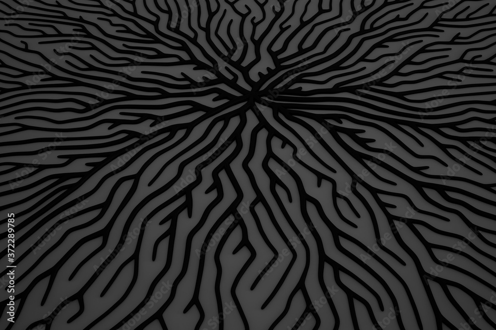 Minimalist organic abstract background. Natural black and white cyberpunk structure. Three-dimensional render visualization of microscopic shapes.