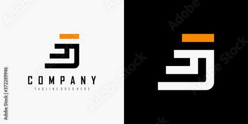 Abstract Initial Letter G and J Linked Logo. Black and Orange Linear Style isolated on Double Background. Usable for Business, Technology and Branding Logos. Flat Vector Logo Design Template Element