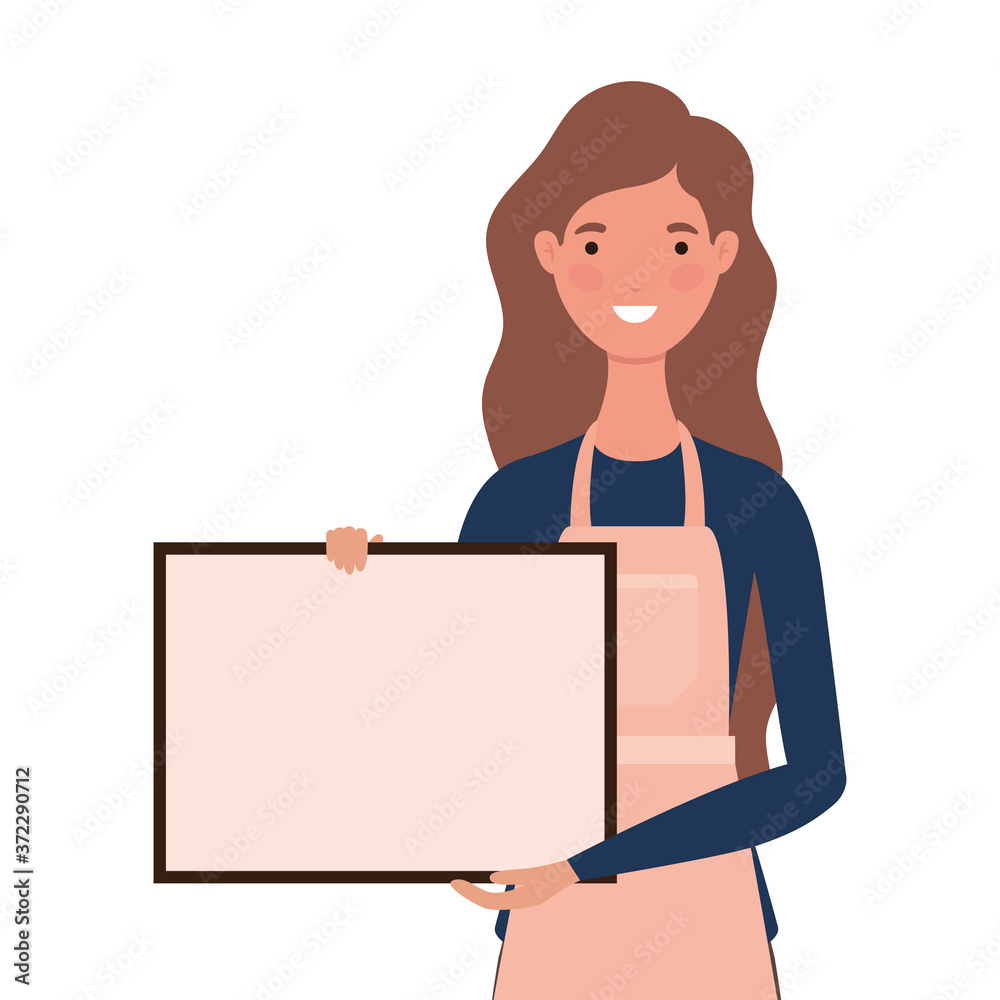saleswoman cartoon with apron and banner design of Shopping commerce and market theme Vector illustration saleswoman cartoon with apron and banner design of Shopping commerce and market theme Vector illustration