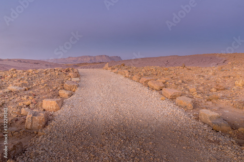 Blue hour with footpath and Mount Ardon, Makhtesh (crater) Ramon
