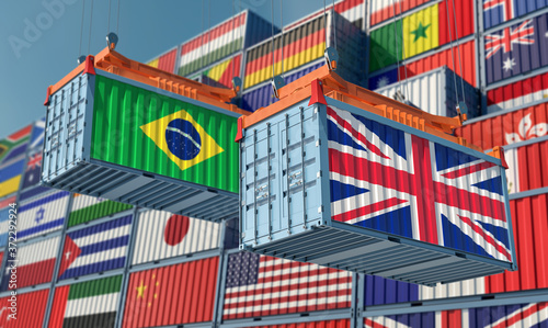 Freight containers with United Kingdom and Brazil flag. 3D Rendering 