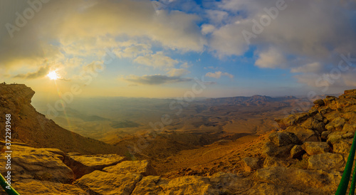 Panoramic sunrise view of cliffs and landscape, Makhtesh (crater) Ramon