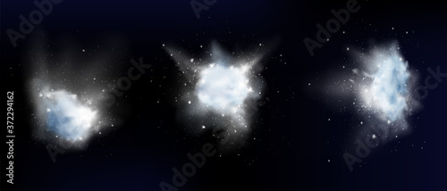 Snow powder white explosion, ice or snowflakes splash clouds, design elements for christmas, new year holidays, winter season promo isolated on dark background. Realistic 3d vector illustration, set