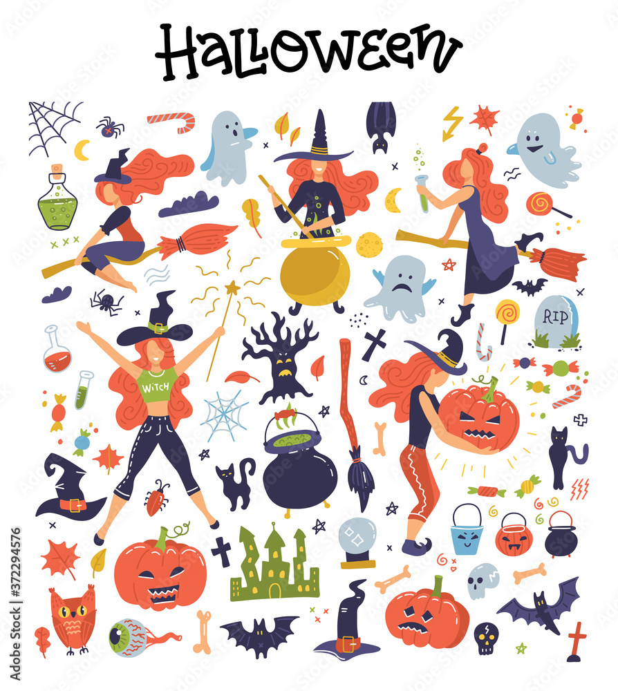 Fototapeta premium Cute big set with Halloween illustrations and icons: pumpkin, ghost, cat, bat, young witches, decor clipart. Flat vector design Isolated on white