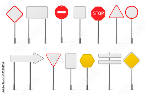 Road signs collection. Vector realistic set of blank traffic sign boards different shapes for attention, alert, speed limit and direction notice isolated on white background © klyaksun