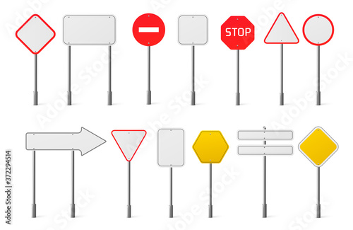 Road signs collection. Vector realistic set of blank traffic sign boards different shapes for attention, alert, speed limit and direction notice isolated on white background