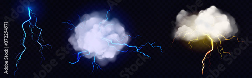 Lightnings, thunderbolt strikes from storm clouds at night. Vector realistic set of blue and yellow electric impacts in sky, sparking discharge of thunderstorm isolated on dark transparent background