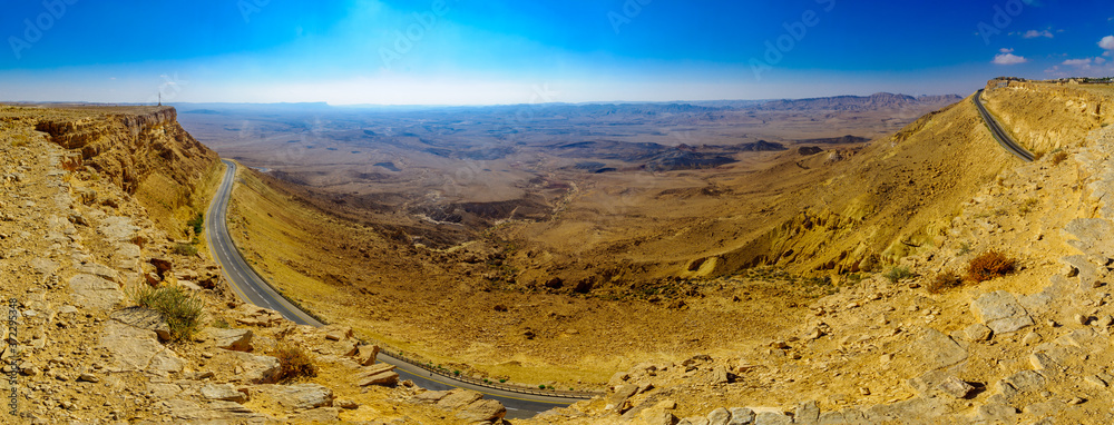 Panoramic view of cliffs, landscape, and road, Makhtesh (crater) Ramon