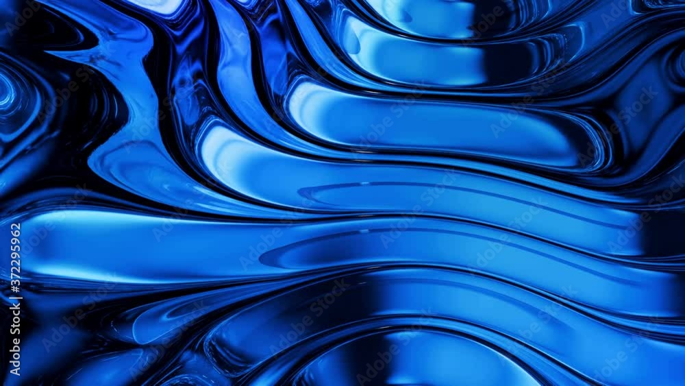Looped abstract liquid background with wavy sparkling pattern on shiny glossy surface. Viscous blue fluid like surface of foil or brilliant glass. Beautiful creative festive backdrop. Simple bright BG