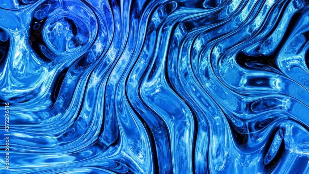 Looped abstract liquid background with wavy sparkling pattern on shiny glossy surface. Viscous blue fluid like surface of foil or brilliant glass. Beautiful creative festive backdrop. Simple bright BG