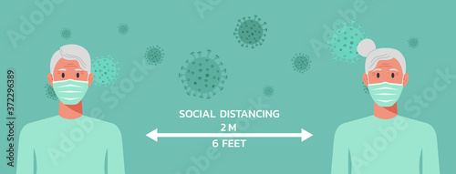 senior woman and man character with surgical or medical face mask maintain social distancing to prevent virus spreading and flu prevention, coronavirus, social isolation, self quarantine