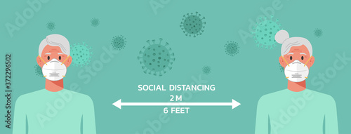 senior woman and man character with n95 face mask maintain social distancing to prevent virus spreading and flu prevention, coronavirus, social isolation, self quarantine