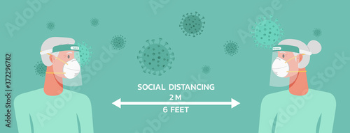 old woman and man character wearing n95 mask and face shield maintain social distancing to prevent virus spreading, flu prevention, coronavirus, social isolation, self quarantine