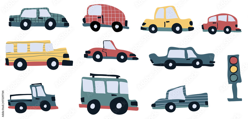 Cars and traffic light clipart illustration set hand drawn in childish style