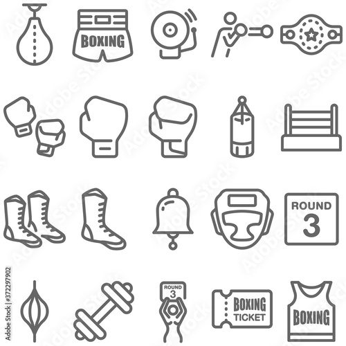 Boxing icon illustration vector set. Contains such icon as Sandbag, Champions Belt, Boxing short, Boxing gloves, Boxing shoes, Stage, Shirt and more. Expanded Stroke