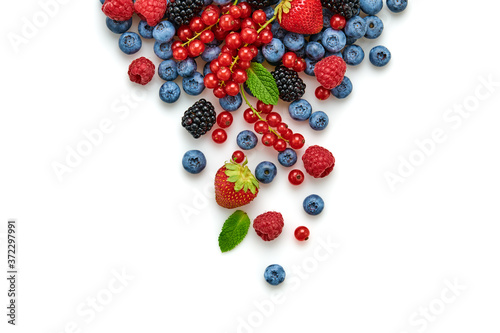 Blueberry, raspberry, blackberry, redcurrant, strawberry, isolated on white. Fresh blueberry, berries mix closeup. Red raspberry, mint creative composition.