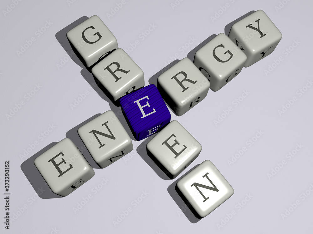 ENERGY GREEN crossword by cubic dice letters, 3D illustration for background and abstract ENERGY GREEN crossword by cubic dice letters, 3D illustration for background and abstract