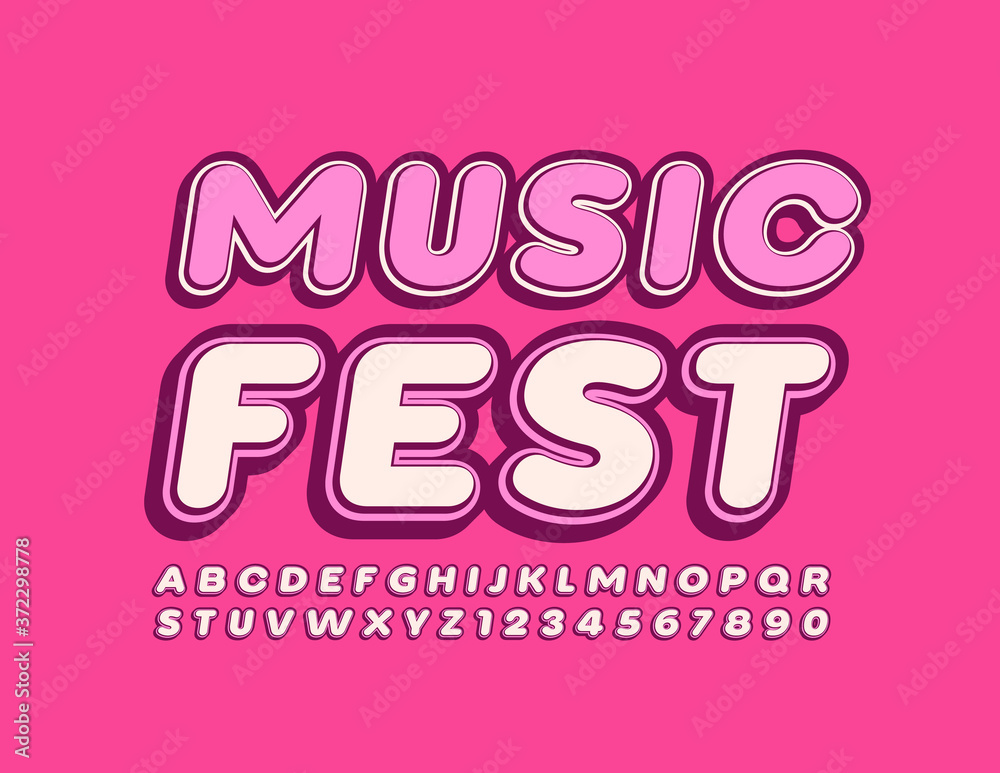 Vector event flyer Music Fest. Trendy Youth Font. Bright 3D Alphabet Letters and Numbers Vector event flyer Music Fest. Trendy Youth Font. Bright 3D Alphabet Letters and Numbers