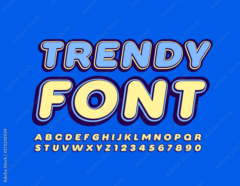 Vector Trendy Font. Yellow and Blue Uppercase Alphabet. Set of creative Letters and Numbers