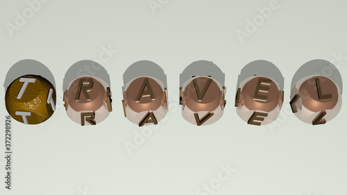 TRAVEL text by cubic dice letters, 3D illustration for background and city