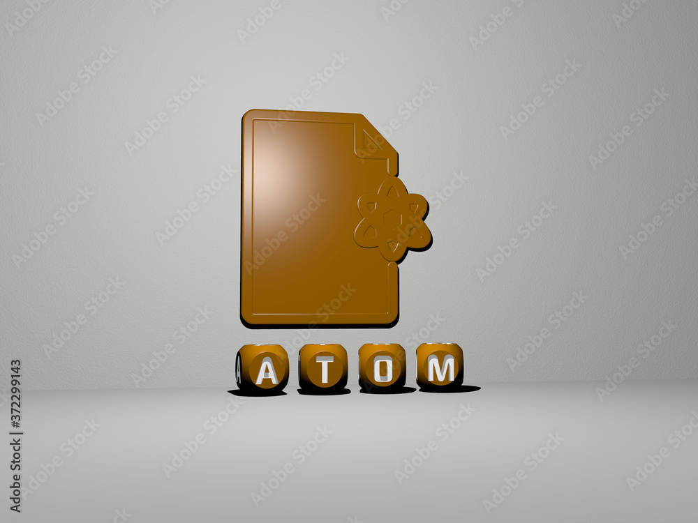 ATOM 3D icon on the wall and text of cubic alphabets on the floor, 3D ...