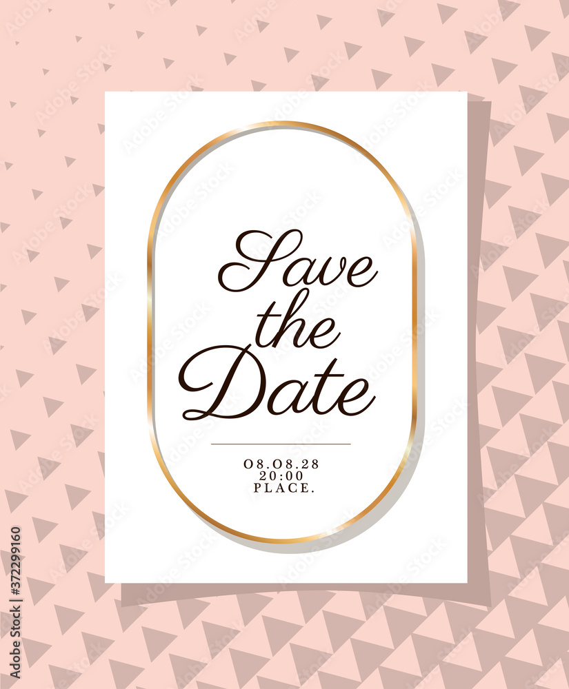 Wedding invitation with gold ornament frame on pink background design, Save the date and engagement theme Vector illustration