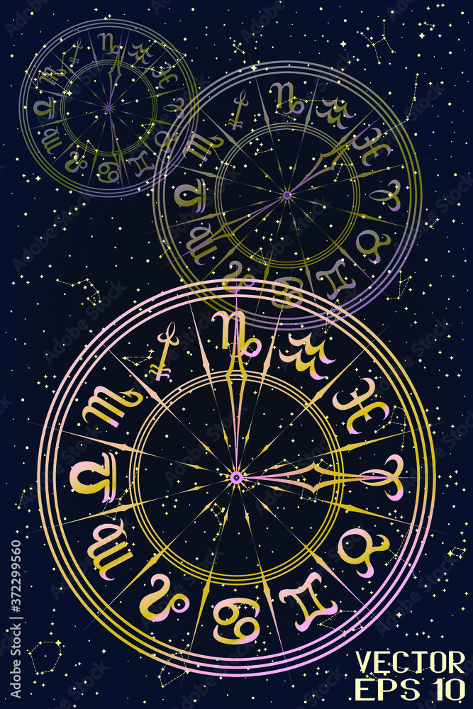 Round Frame with Zodiac Signs. Horoscope Symbol. Glowing Sky Map of Hemisphere. Colorful Constellations on Starry Night Background. Vector Illustration