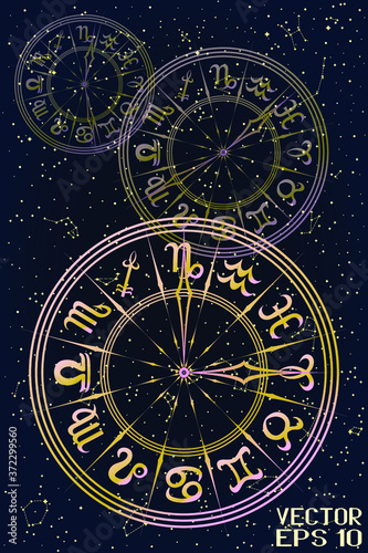 Round Frame with Zodiac Signs. Horoscope Symbol. Glowing Sky Map of Hemisphere. Colorful Constellations on Starry Night Background. Vector Illustration