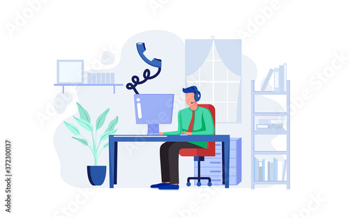 Customer support answer voice call from customer at computer device. Business worker work with computer in office room. Male with computer illustration concept. Vector