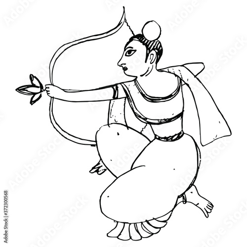 Indian god of love Kama shooting bow. Hindu mythology. Hand drawn linear sketch. Black silhouette on white background.