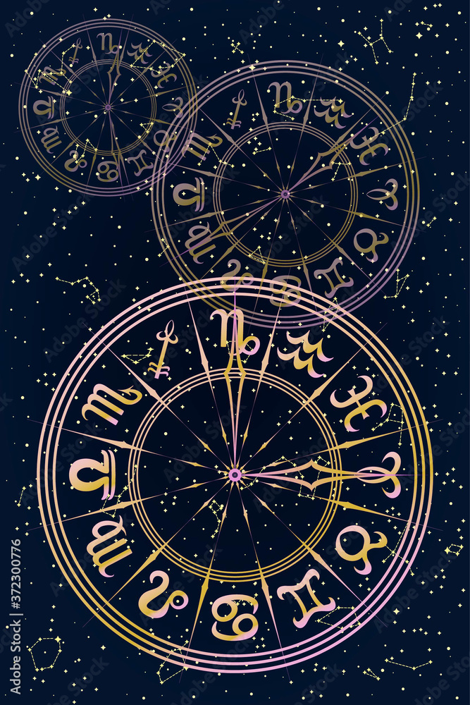 Round Frame with Zodiac Signs. Horoscope Symbol. Glowing Sky Map of Hemisphere. Colorful Constellations on Starry Night Background. Raster Illustration