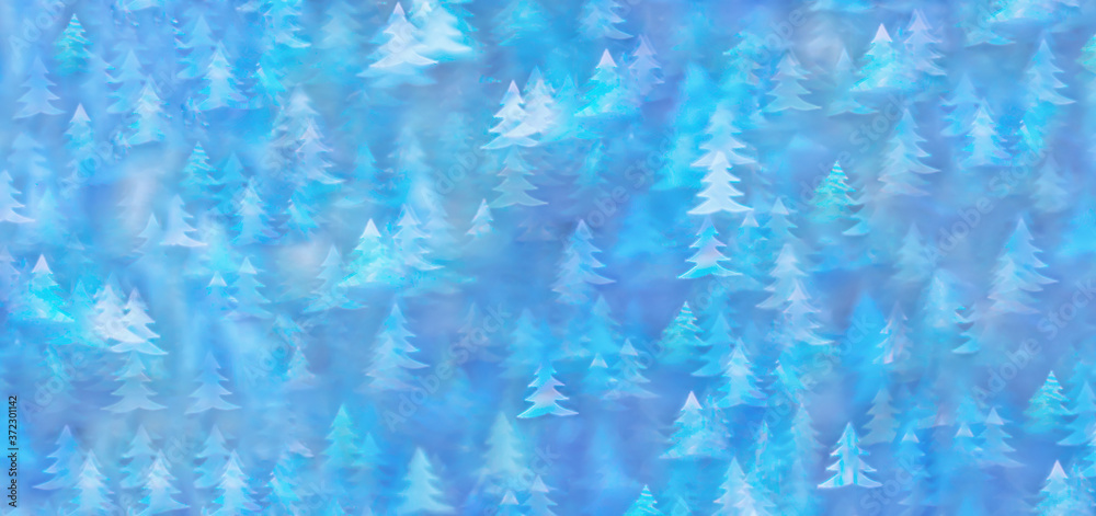 Christmas abstract background. Blue neon bokeh in shape of spruce trees