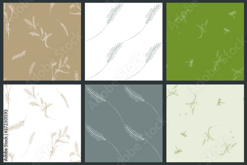 Set of 6 seamless botanical patterns with wavy branches, leaves and tiny dragonflies. Hand-drawn vector illustration with wild plants and insects. Pastel palette. Unique and romantic.