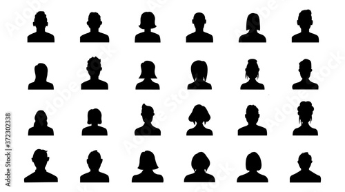 Silhouette head, avatar face, person icon people. Male and female profile. Vector illustration set
