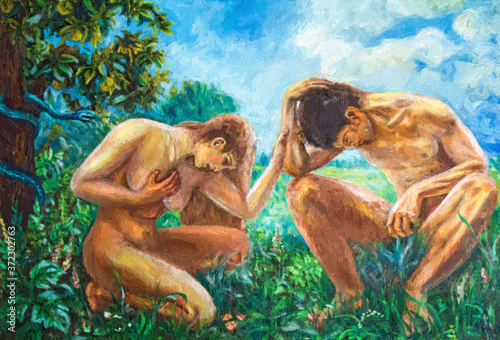 Adam and Eve. Picture painting, oil on canvas. Biblical scene representation of Adam and Eve in the Eden