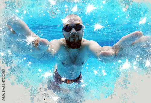 Middle aged man wear googles and swimming trunks submerged in water enjoy summer vacations swimming in pool. Active lifestyle and sport activity concept. Digitally generated image, digital art