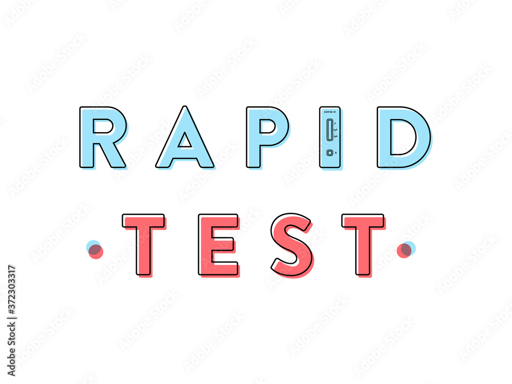 Rapid test title with blue and red letters. Coronavirus rapid diagnostic test device. The letter 