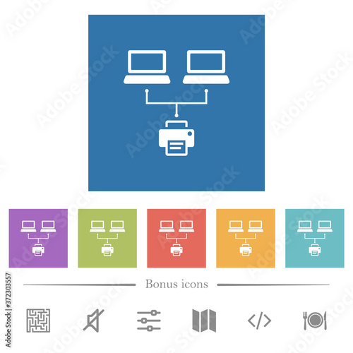 Network printing flat white icons in square backgrounds