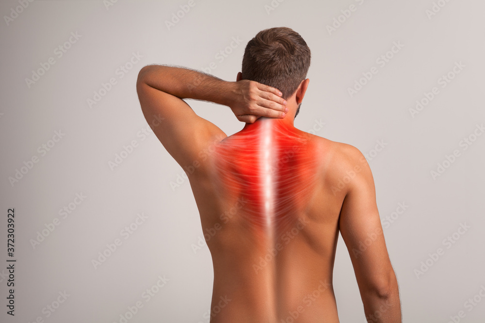 Fototapeta premium Men's back, neck pain muscle and bone, spine injury