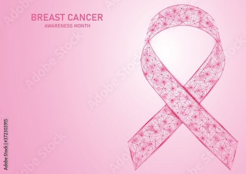 Polygonal pink ribbon. Breast cancer awareness month. Construction of connected lines and points.