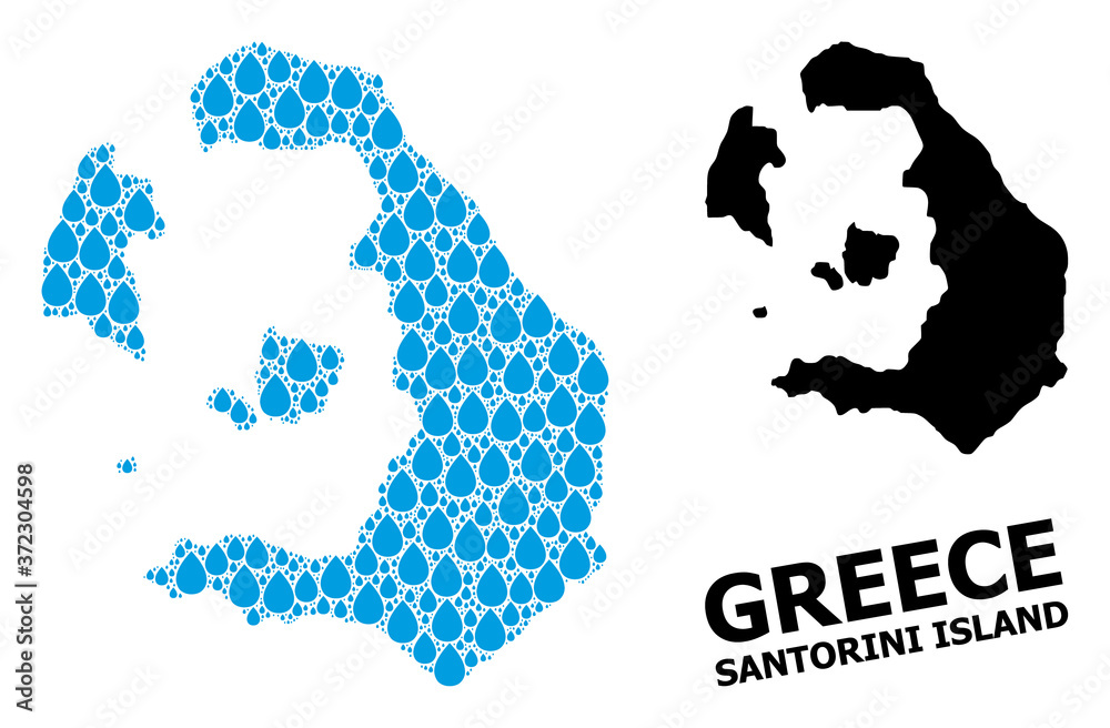 Vector Collage Map of Santorini Island of Liquid Dews and Solid Map