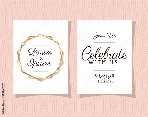 Two wedding invitations with gold ornament frames on pink background design, Save the date and engagement theme Vector illustration