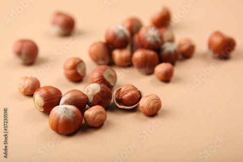 hazelnuts close-up on the table. Minimalism, place for text
