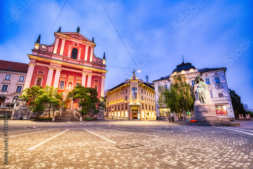 Ljubljana City Center with Beautiful Franciscan Church at Dusk photo