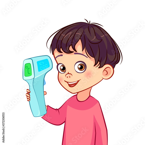 Child body temperature measurement with a contactless digital thermometer. Kids illustration showing the need to check temperature regularly during covid-19 outbreak. Prevention of coronavirus disease