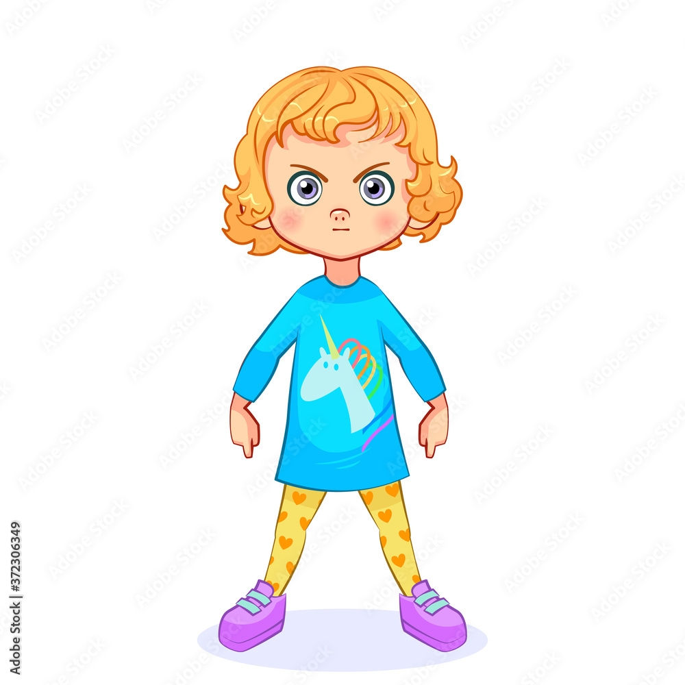 Vector baby girl with a serious expression on her face, frowns. Children's determined emotion. Vector baby girl with a serious expression on her face, frowns. Children's determined emotion.