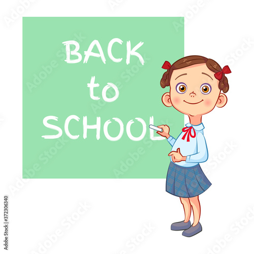 Cute smiling girl in school uniform chalk writes phrase "Back to school" on a green background. Sweet vector cartoon schoolgirl character.