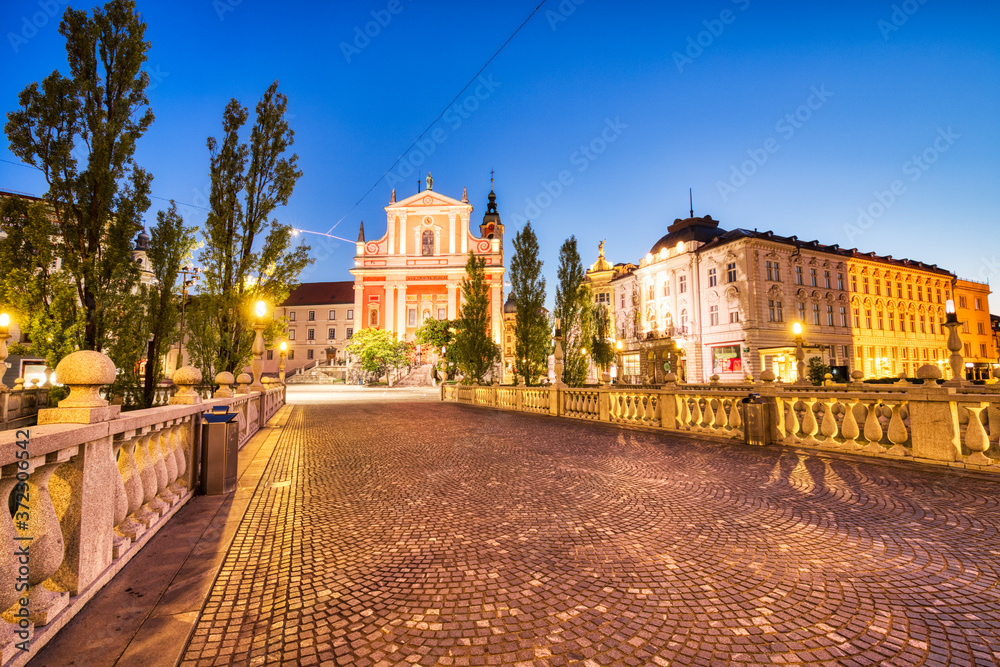 Ljubljana City Center at Dusk overlooking the Triple Bridge and Beautiful Franciscan Church