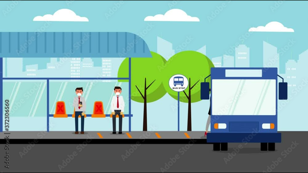 Business people animation applying physical distancing while waiting bus arrival the bus stop. Shot in 4k resolution